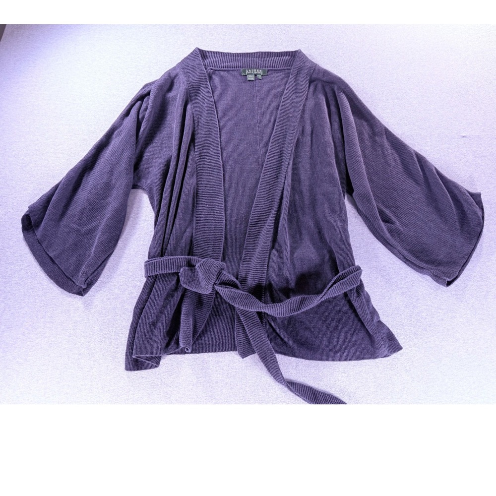 Lauren Ralph Lauren navy blue 100% Linen Belted Wrap Cardigan Sweater Large